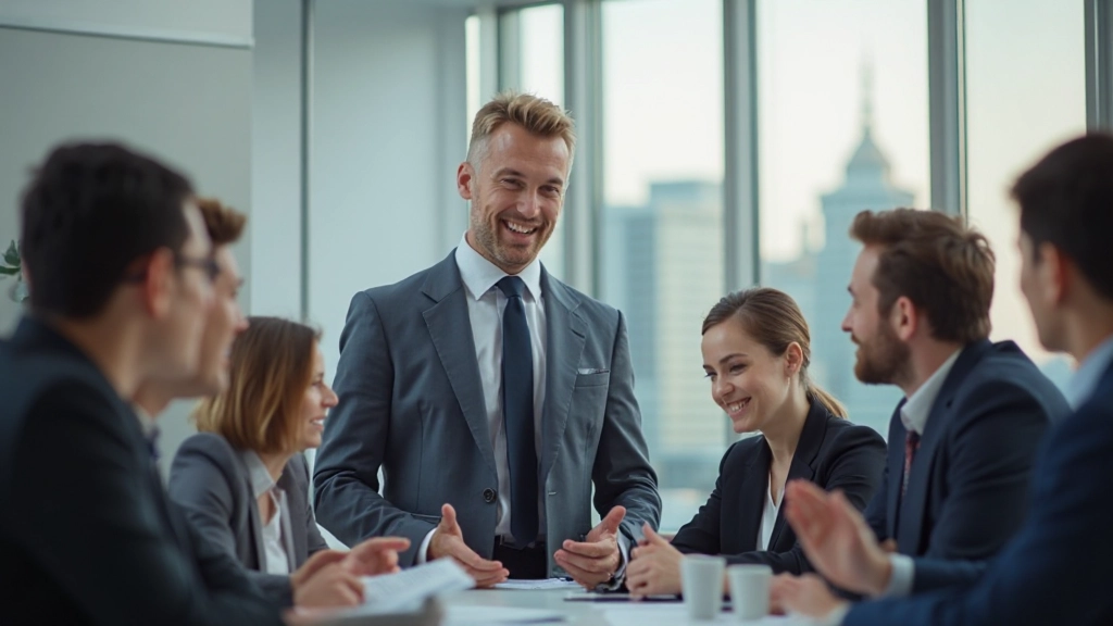 Лидер проводит встречу с командой в современной офисной среде