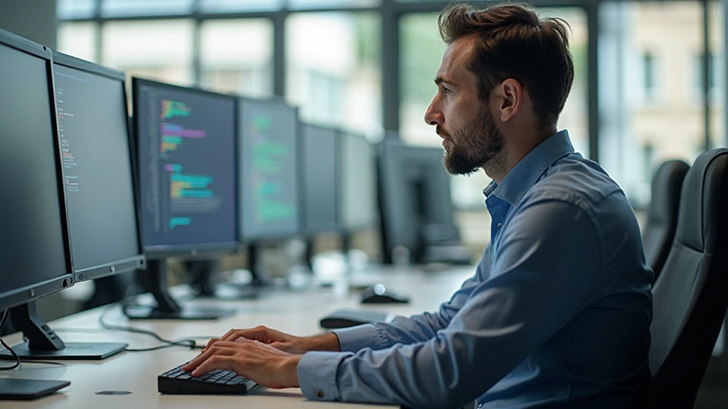 Разработчик работает с кодом на современном компьютере в IT офисе