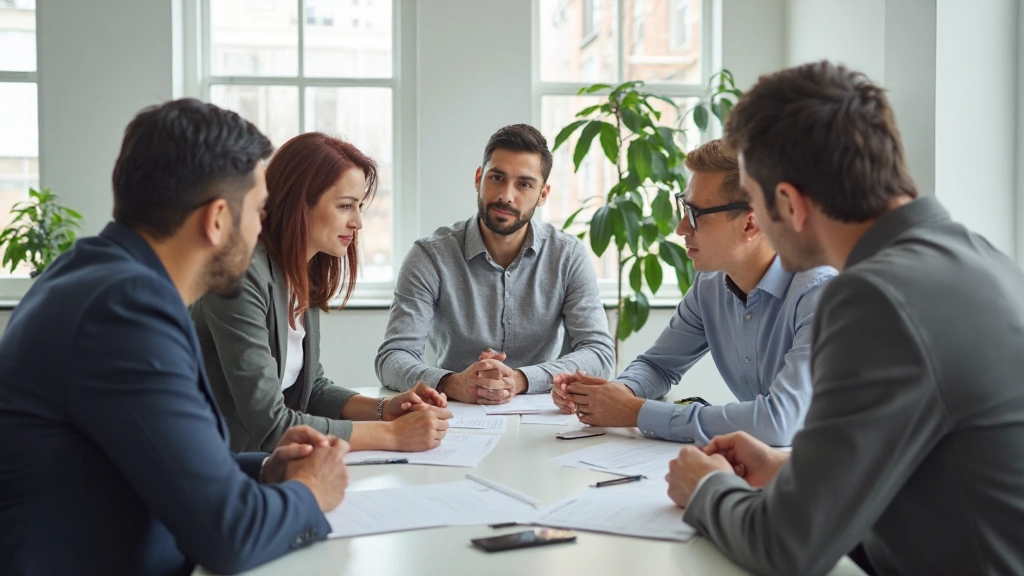 Группа профессионалов обсуждают стратегию в современном офисе за столом