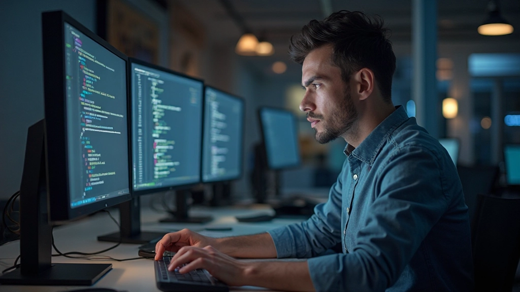 Программист анализирует код на мониторе в IT офисе с современным оборудованием