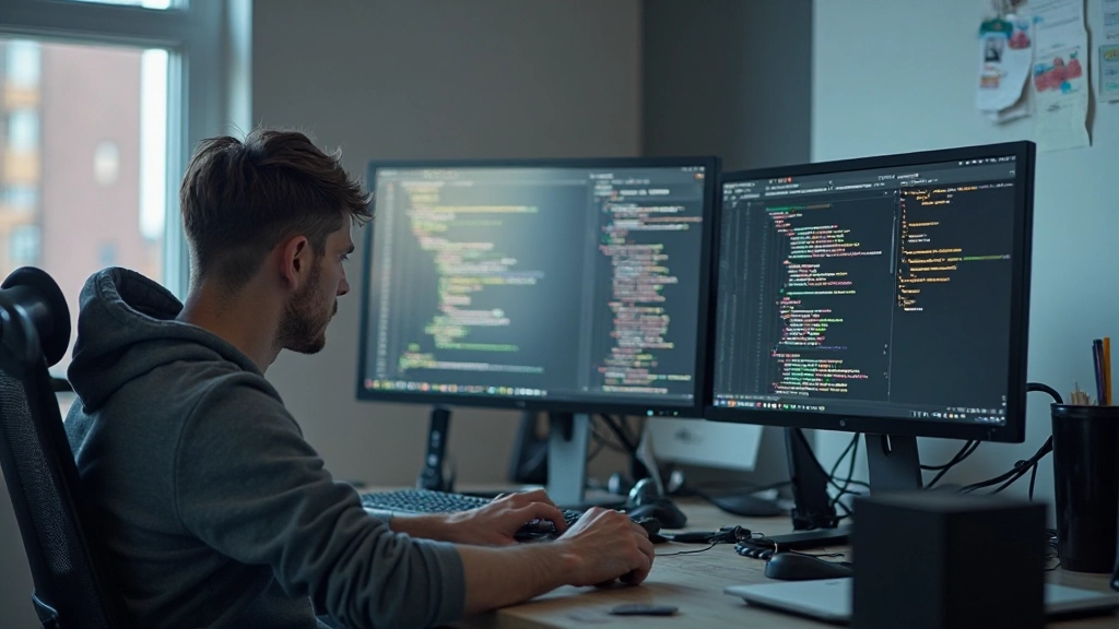 Профессиональный программист работает на современном рабочем месте с несколькими мониторами