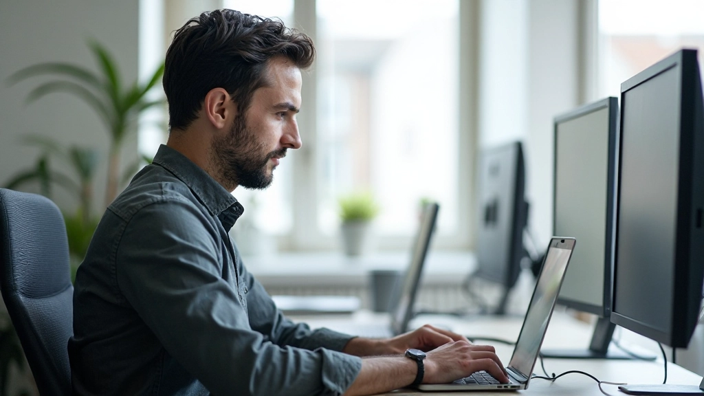 Программист анализирует код на мониторе в IT офисе с современным оборудованием